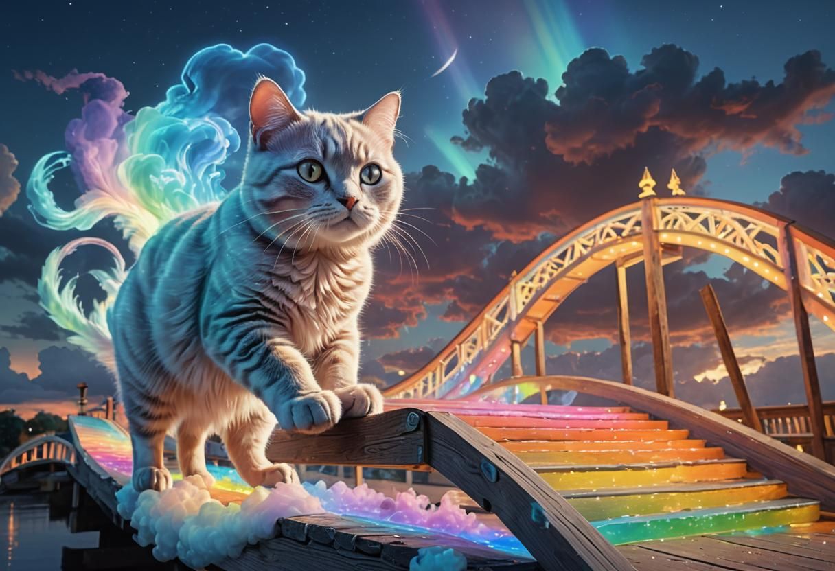 Bioluminescent Cloud Cat Races Across Rainbow Bridge