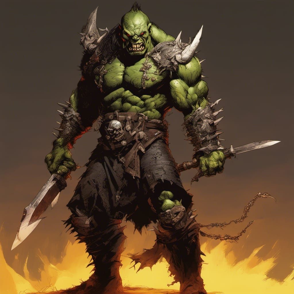 Armored Orc Berserker wielding a crude spiked weapon. Todd McFarlane comic book art perfect, action pose, smooth, by Way...