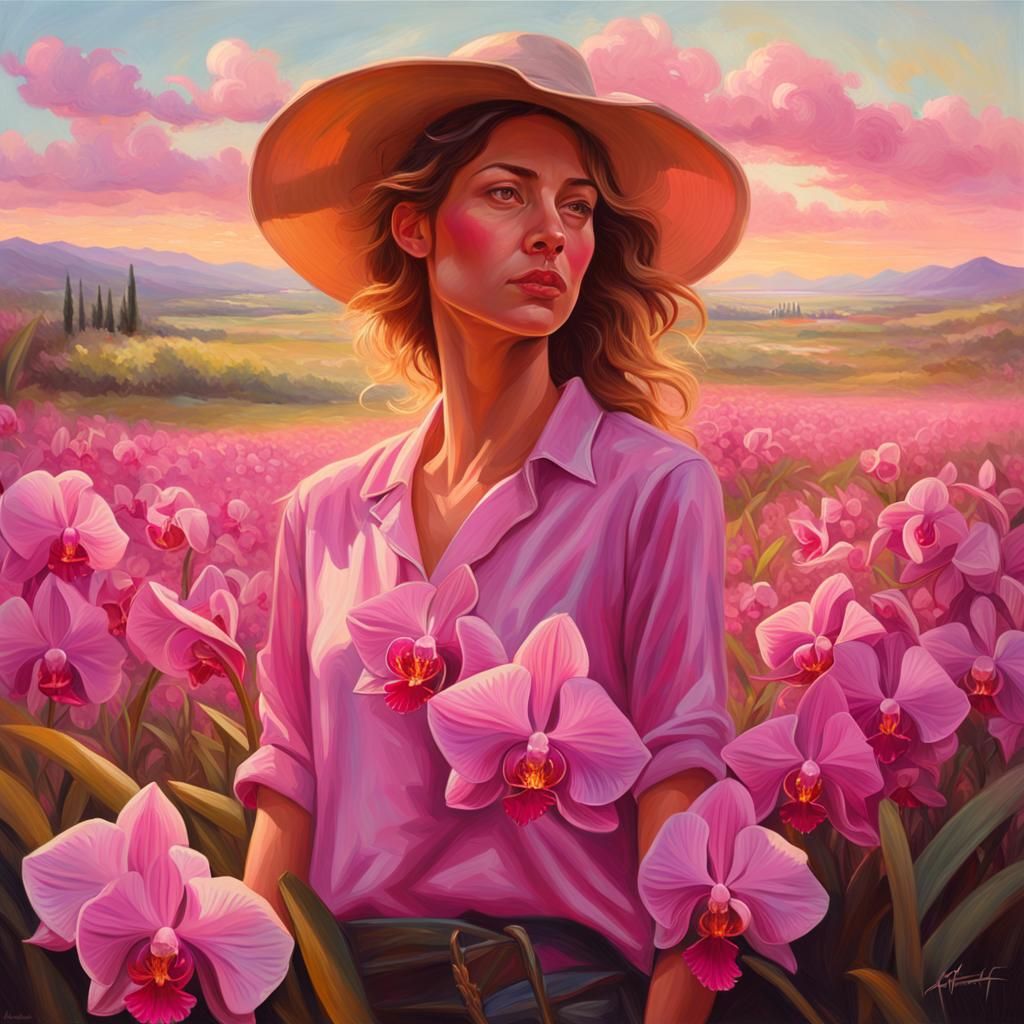 Woman in Orchid Field: Vibrant Oil Painting