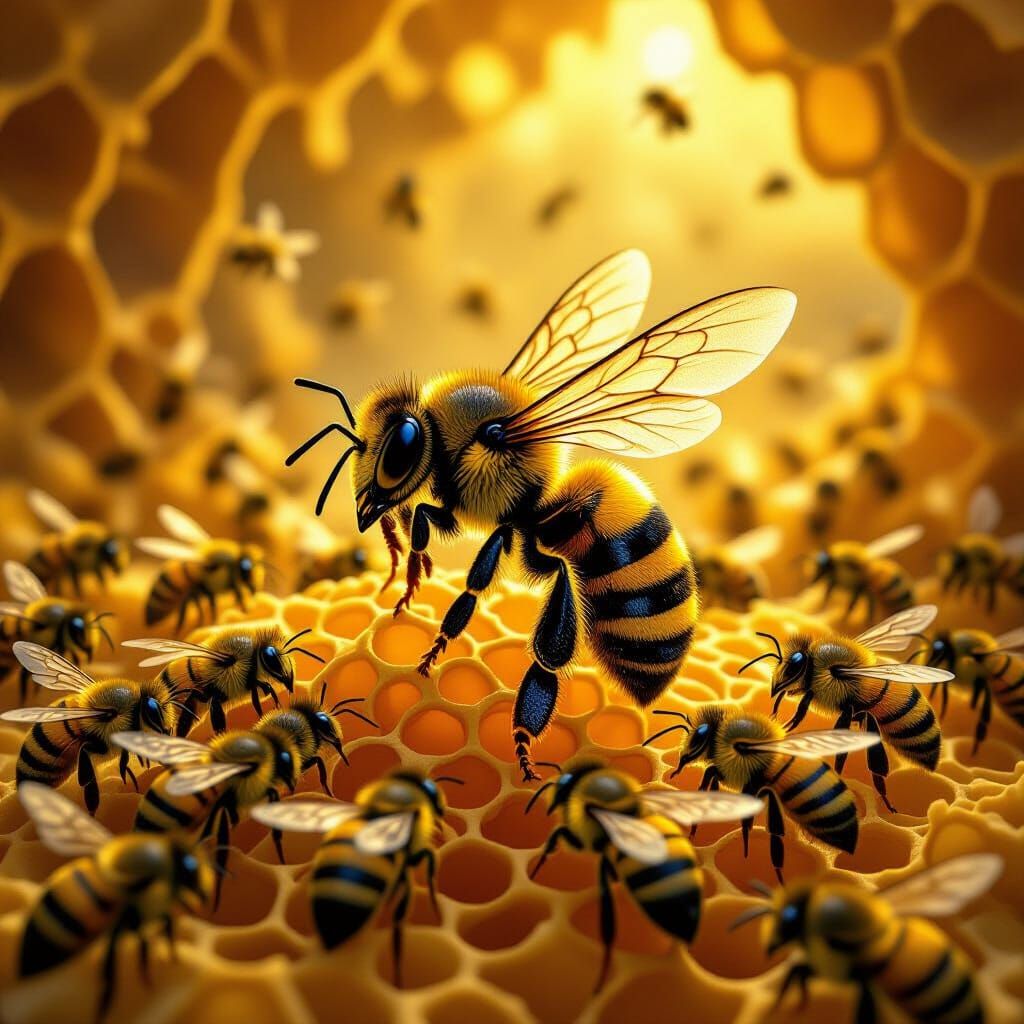Queen Bee Worship in Golden Chamber, Digital Art