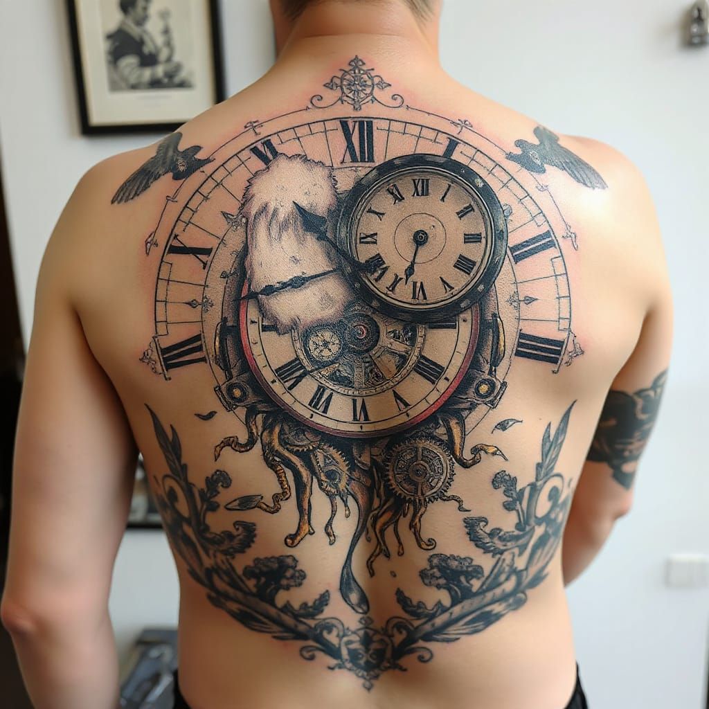 Surreal Steampunk Clockwork Tattoo with Alchemical Symbols