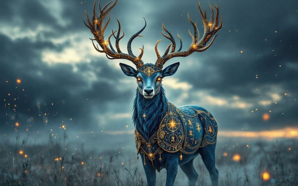 Mystical Deer with Gilded Antlers in Stormlit Field