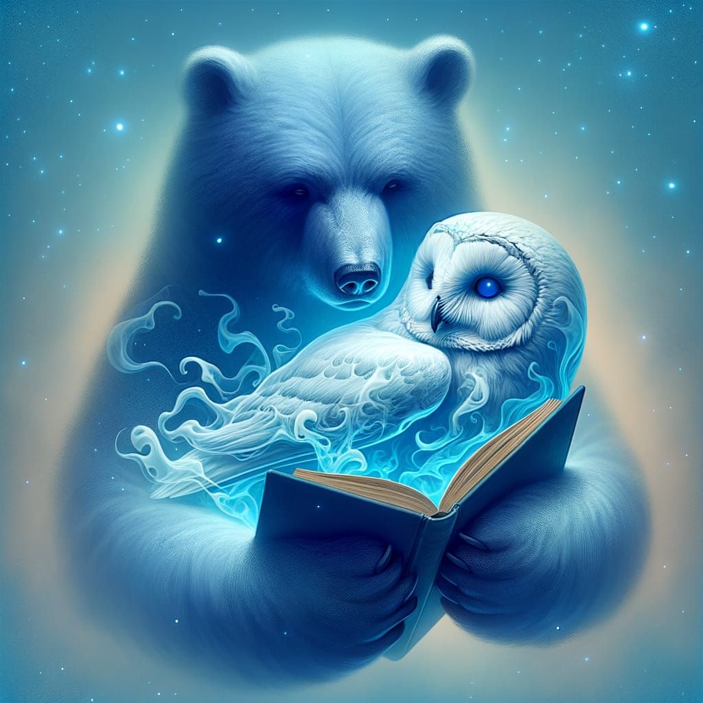 Surreal Blue Polar Bear Reading with Ghost Owl