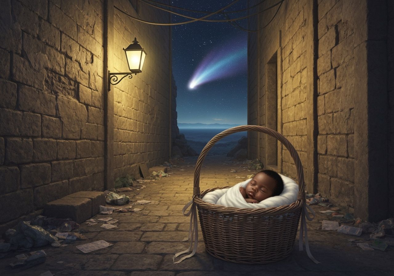 Peaceful Baby in Wicker Basket Under Starry Sky