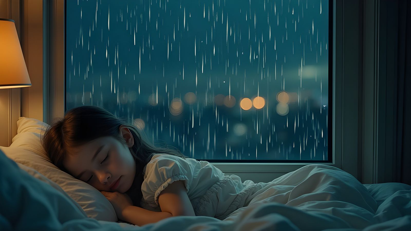 Girl Sleeps Near Rainy Window at Night