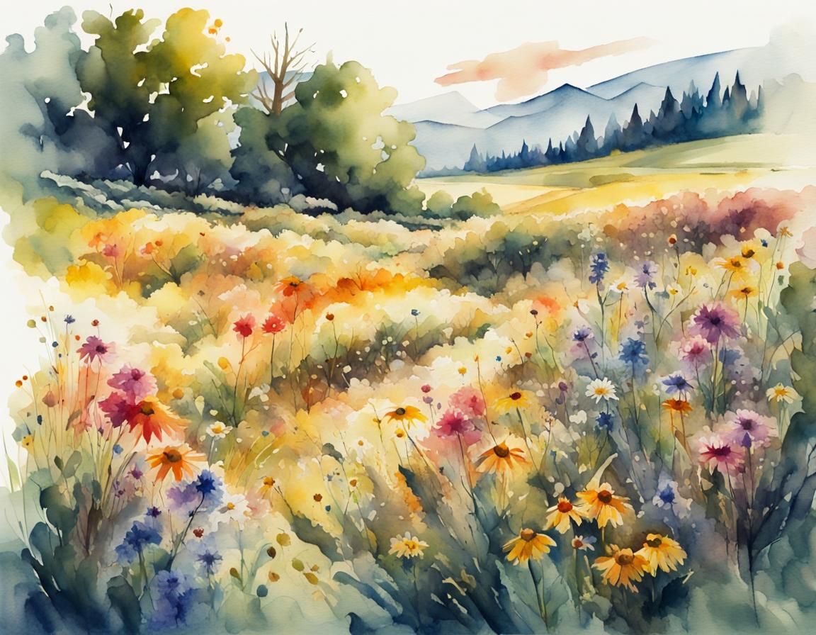 Vibrant Wildflower Field: Expressive Watercolor Impressionis...