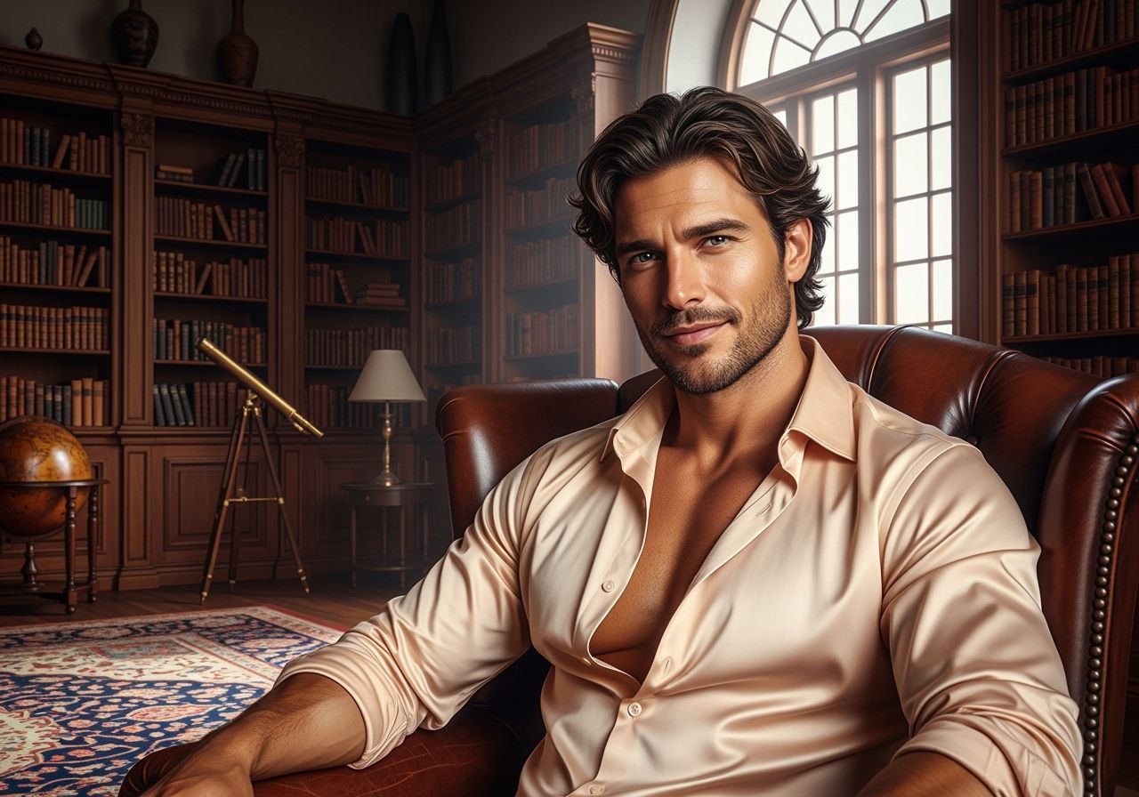 Handsome Man in Library with Soft Lighting