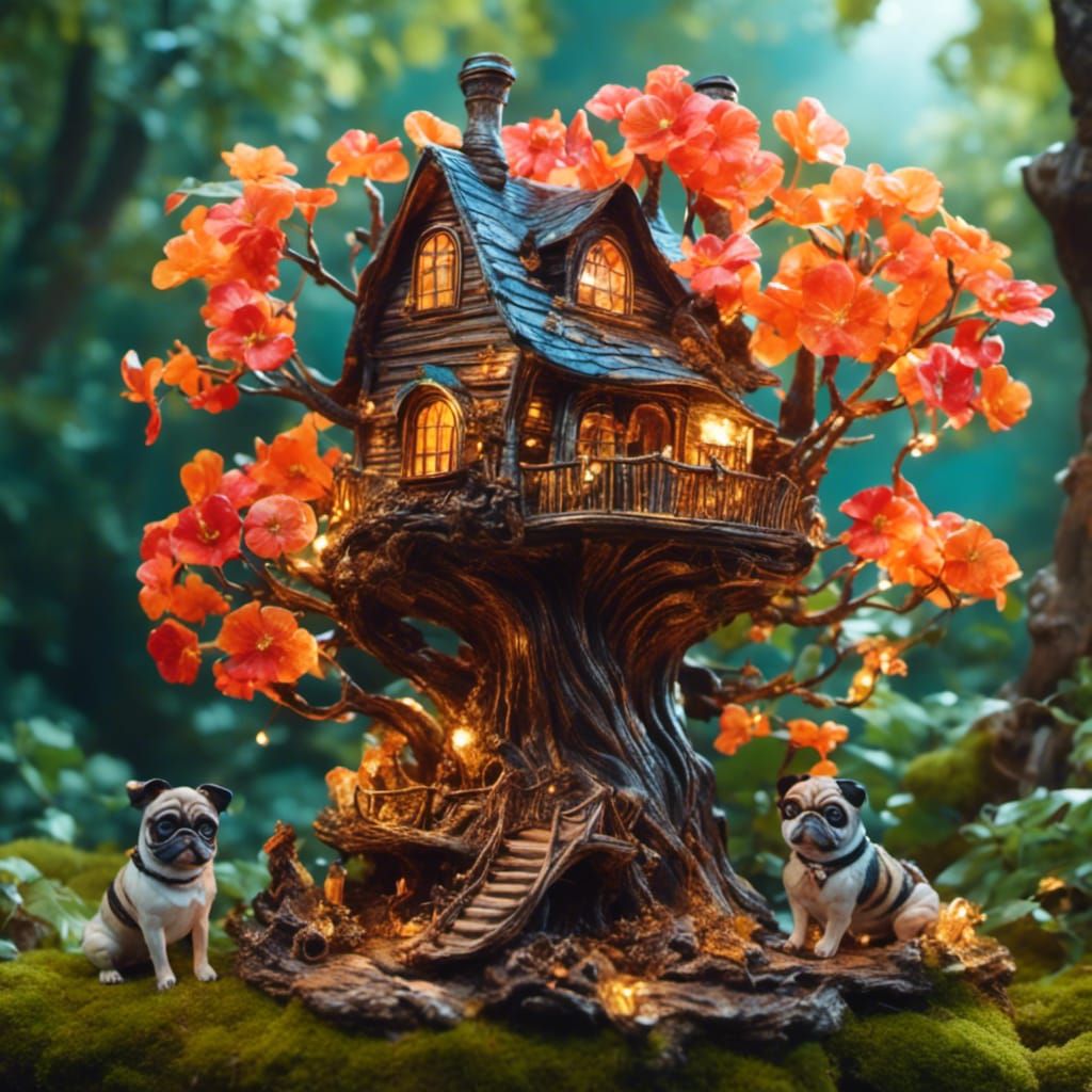 Pugs in Fantastical Treehouse Scene