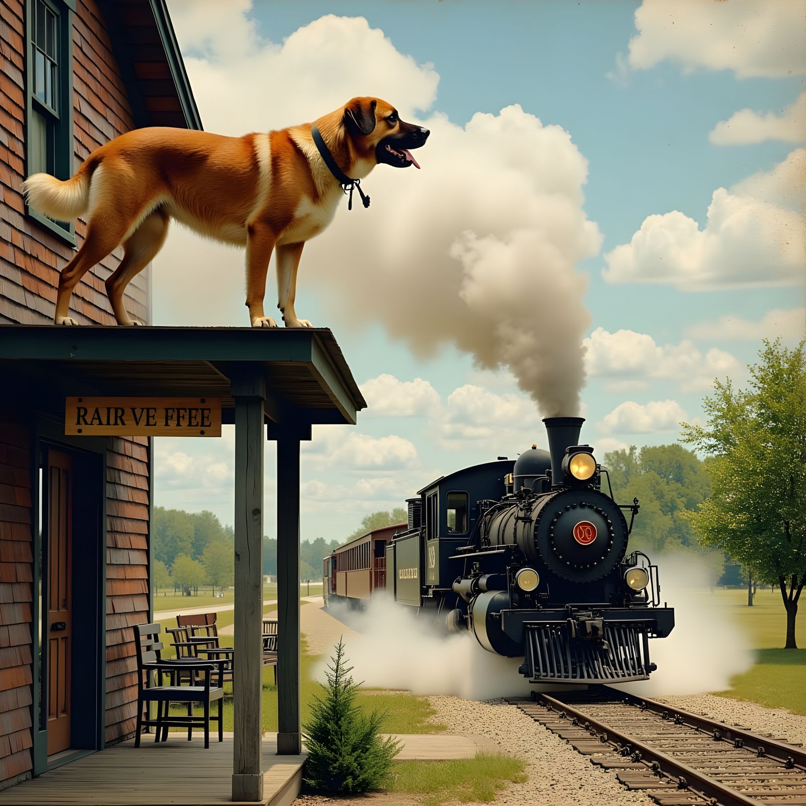 Dog Barks at Approaching Train in Vintage Photo