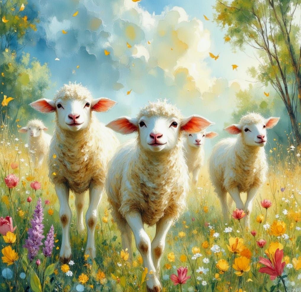 Lambs in Meadow: Dreamy Impasto Watercolour