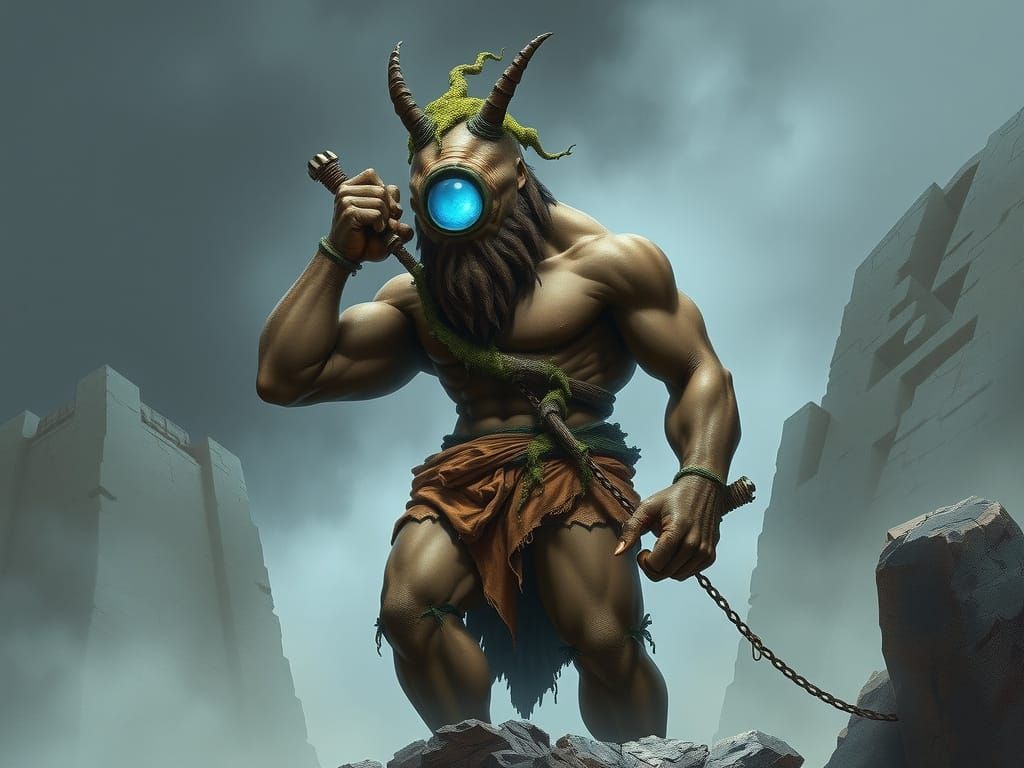 Majestic Cyclops on Ancient Greek-Inspired Cliffside