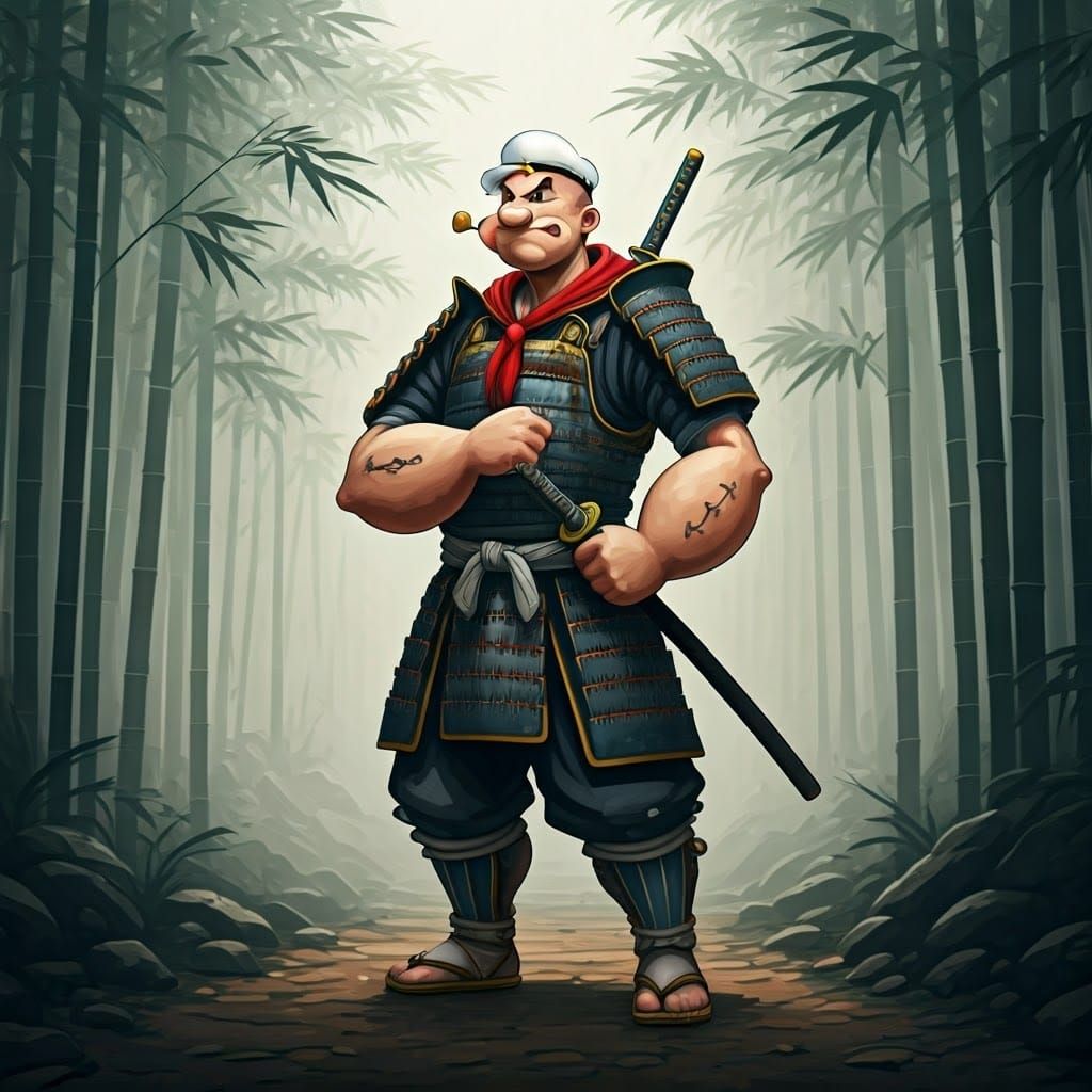 Popeye Samurai Warrior in Misty Bamboo Forest