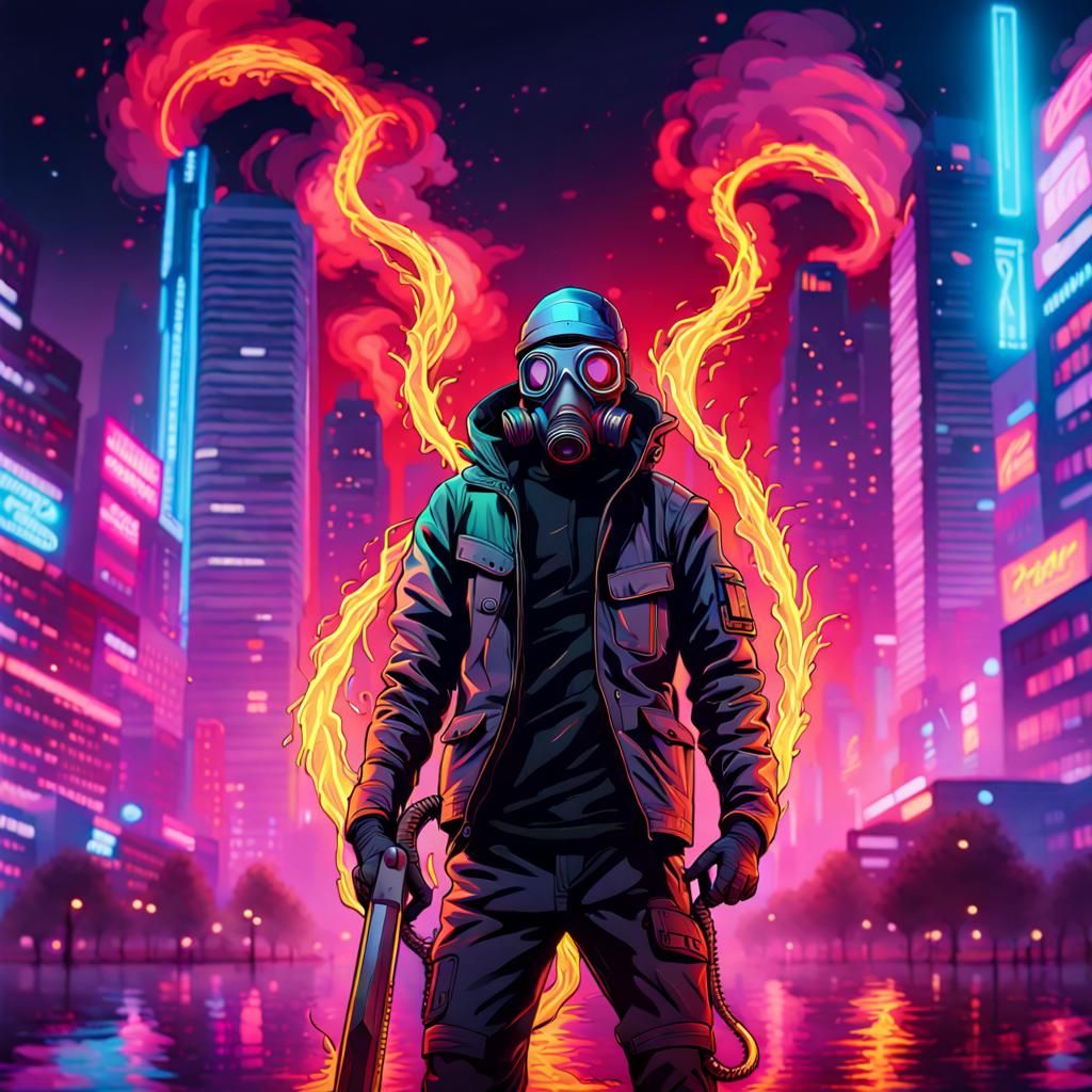 Cyberpunk Soldier with Burning Scythe in Neon City