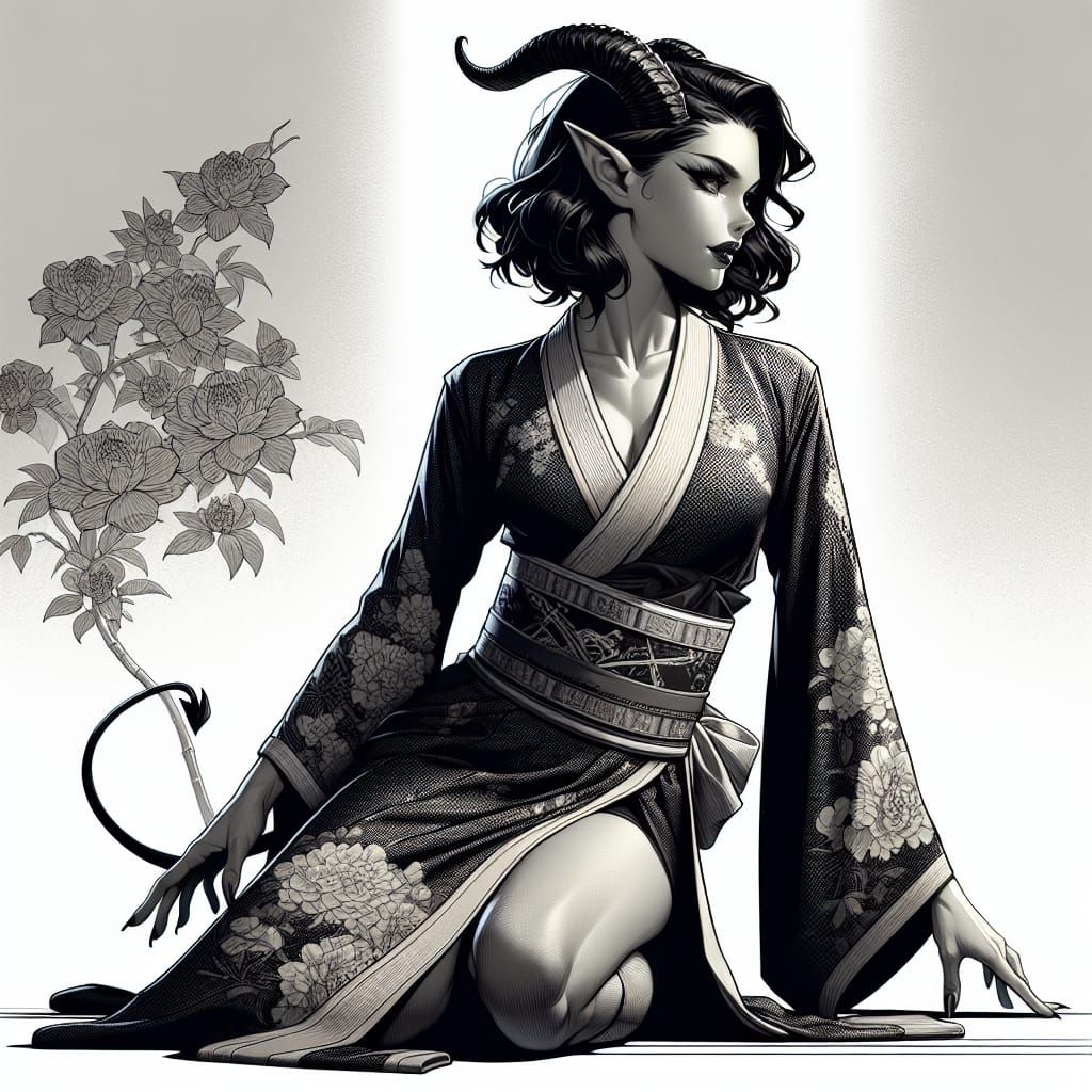 Stunning Tiefling in Kimono: A Fusion of Demonic and Eleganc...
