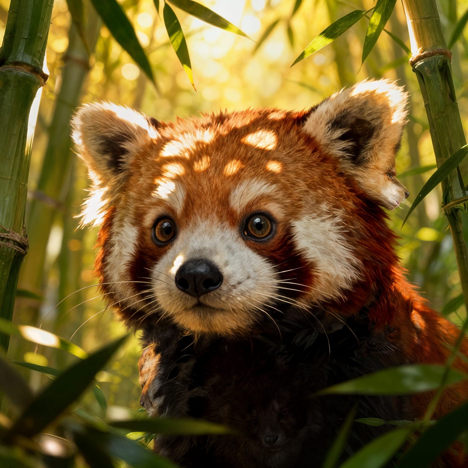 Realistic Red Panda Face in Dappled Bamboo Jungle