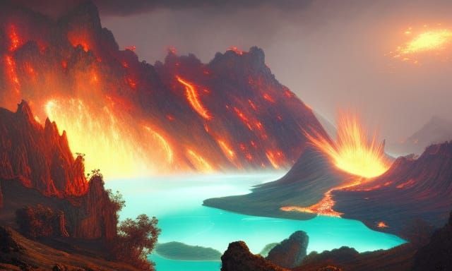 Fantasy Volcanic Crater with Lush Plants, Detailed Matte Pai...