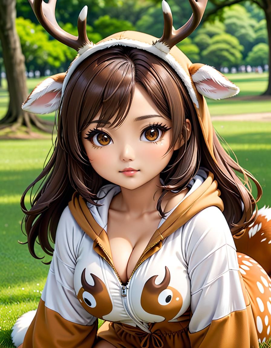 Chibi Girl in Deer Onesie at Nara Park