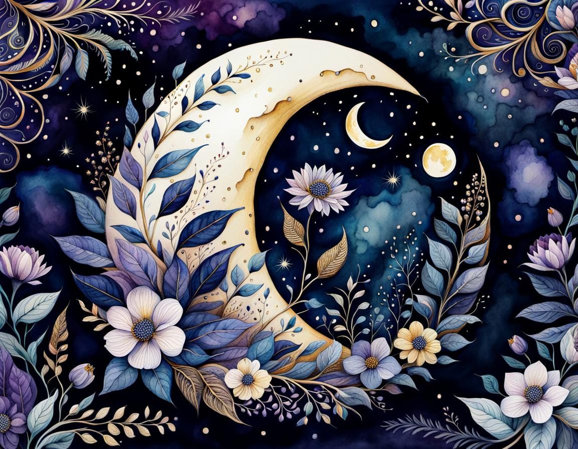 Surreal Midnight Scene with Preening Moon and Intricate Foli...