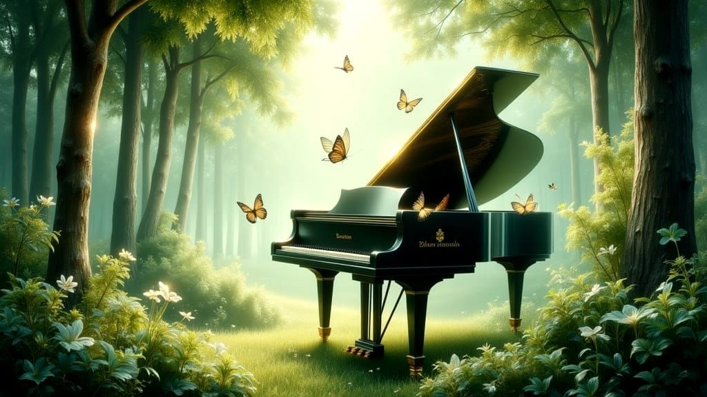 Grand Piano in Dreamlike Watercolor Landscape