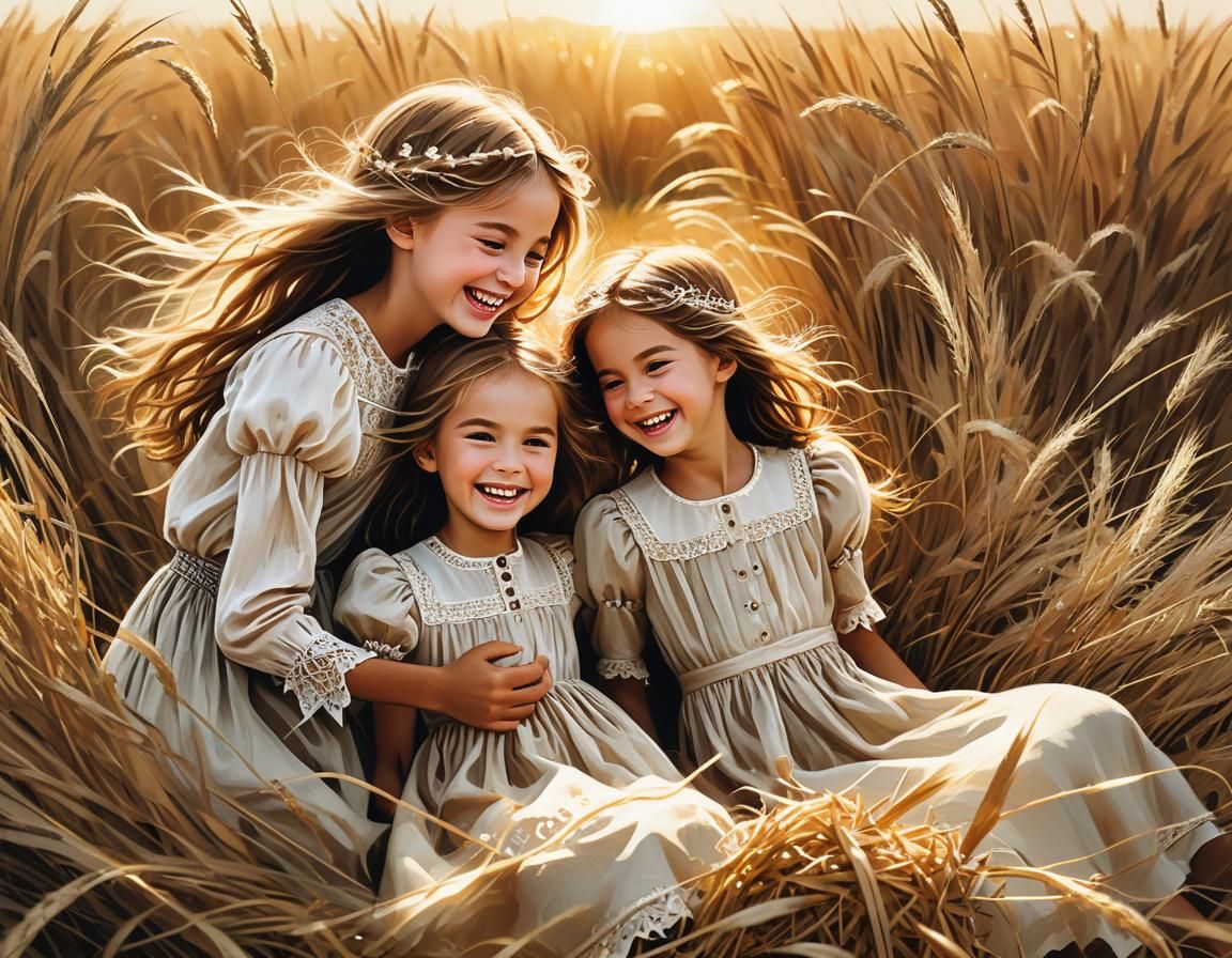 Siblings Laughing in Hay Field: Whimsical Illustration