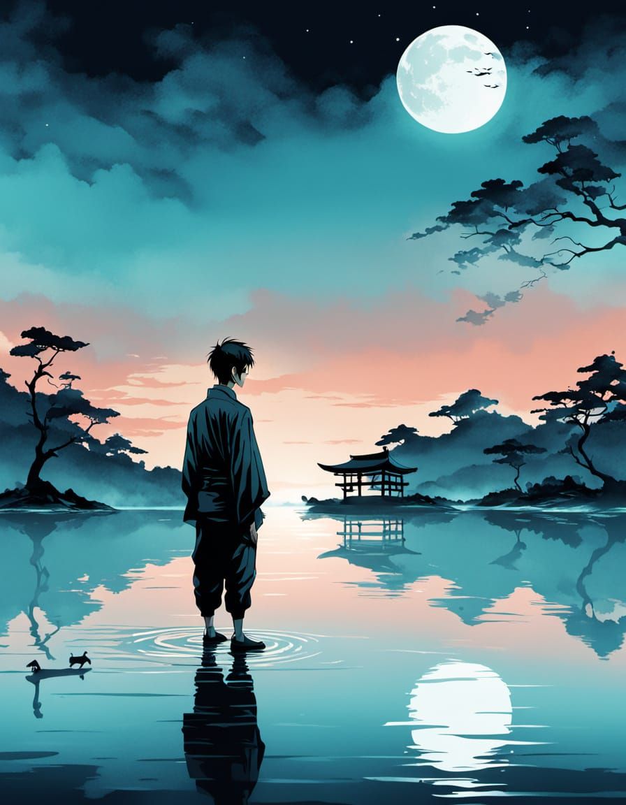 Abstract Japanese Ink Painting of Man on Lake