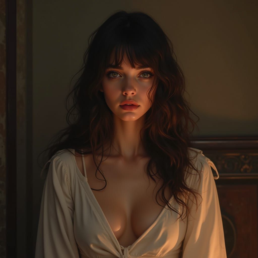 Elegant Woman with Submissive Expression in Atmospheric Ligh...