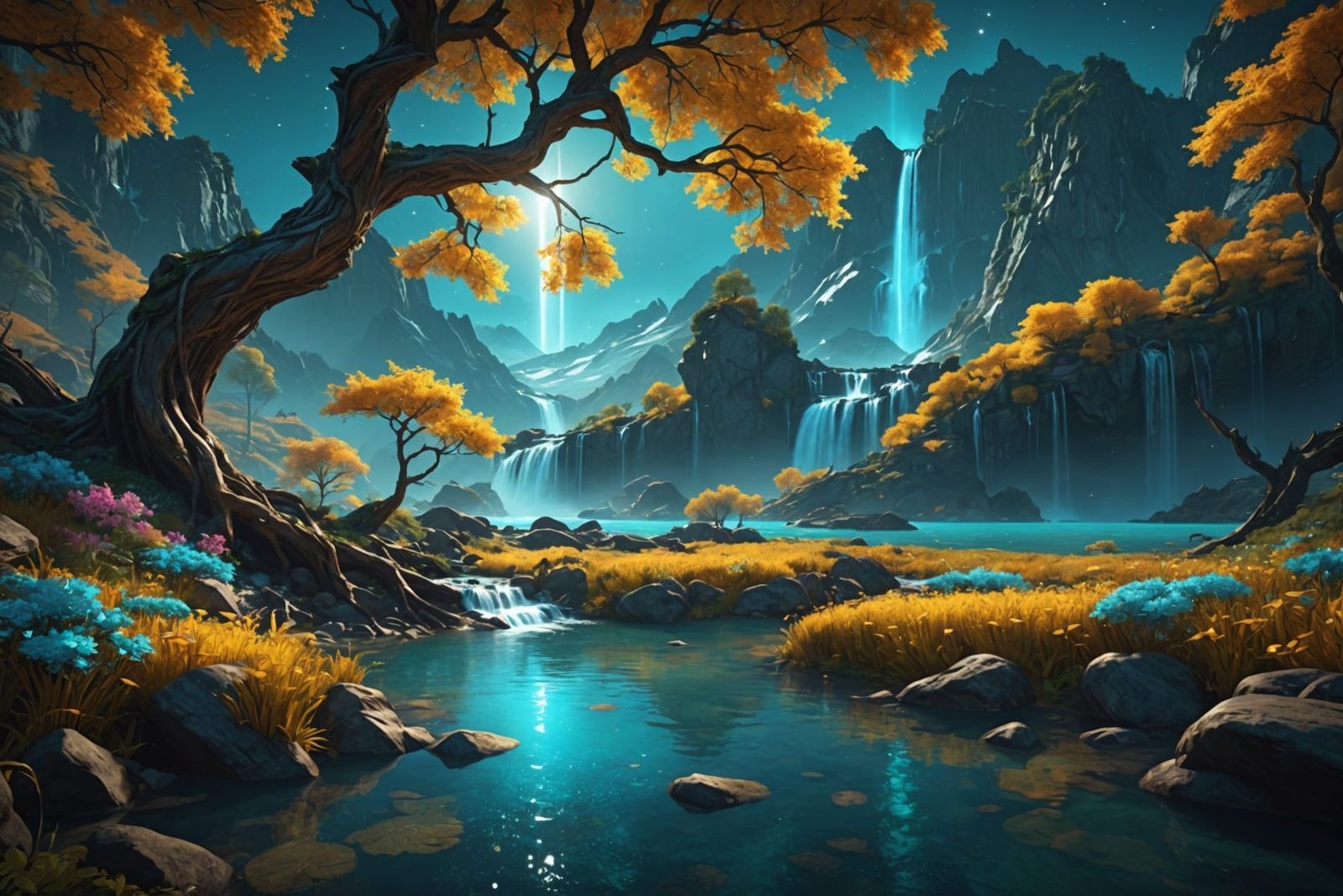 Ethereal Mountain Lake with Magical Streams