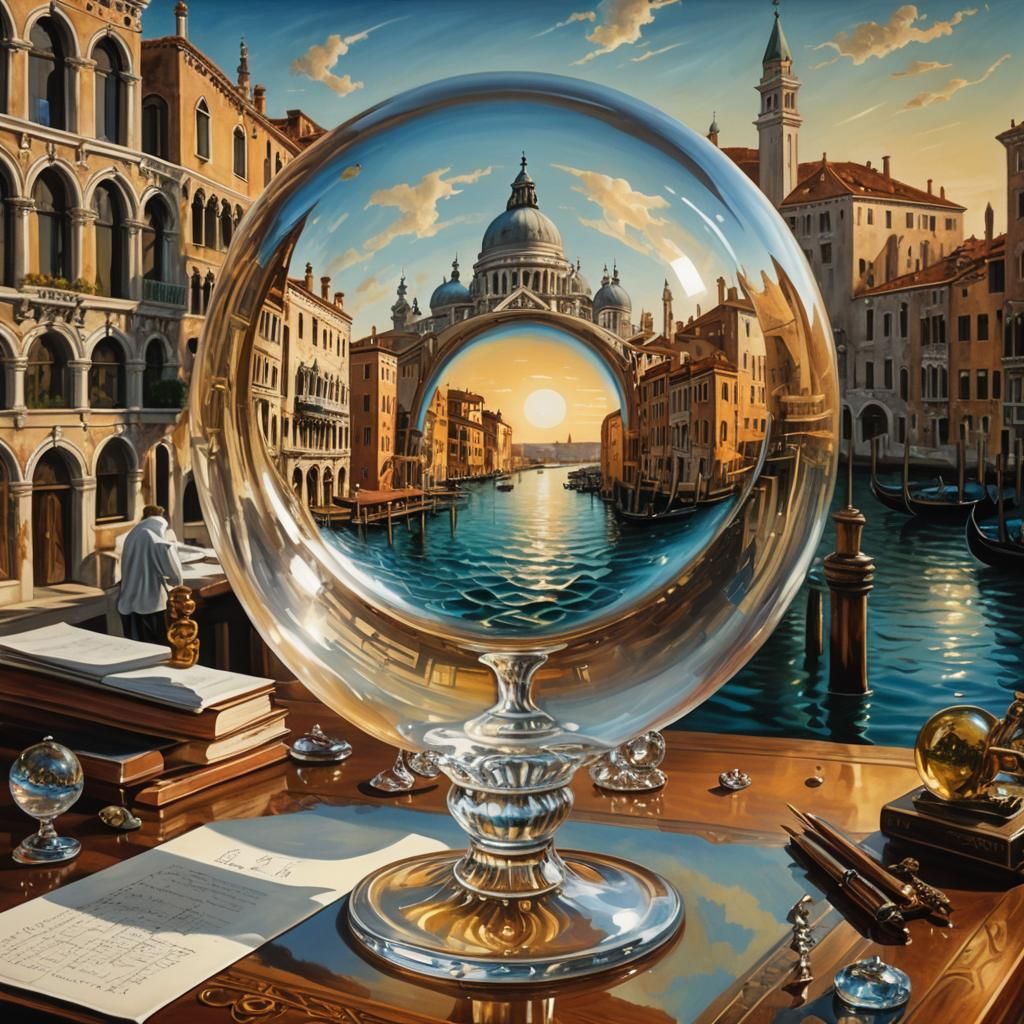 EEine kristallklare Glaskugel, die die Stadt Venedig in ihre...
