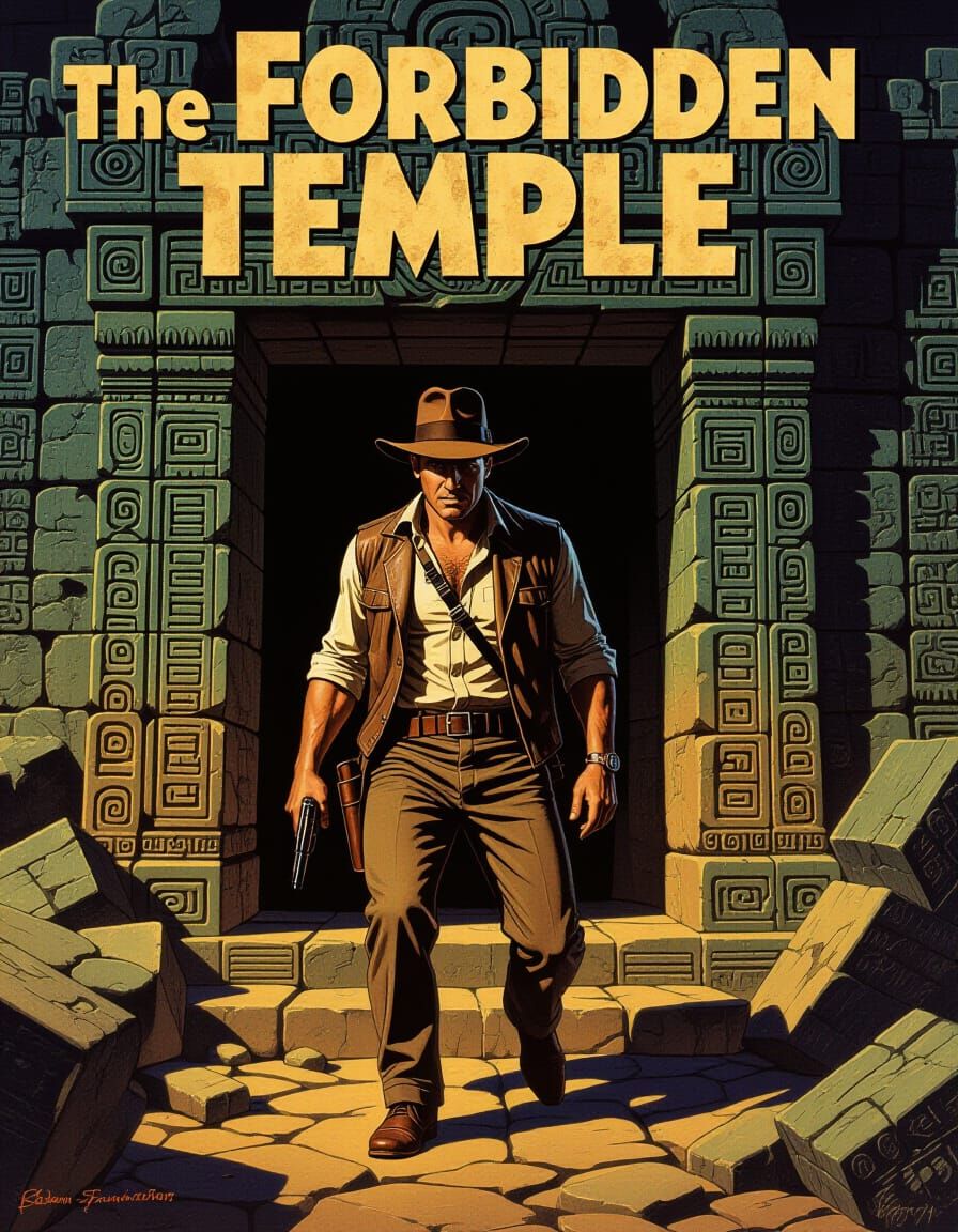 Indiana Jones Enters Forbidden Temple in Pulp Art Style