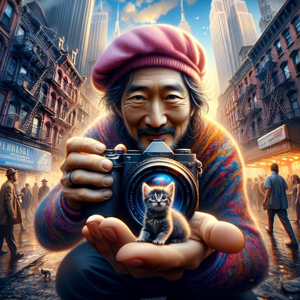 1990s NYC Rapper Holds Kitten in Wide-Angle Matte Painting