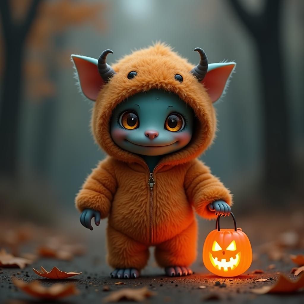 Adorable Monster with Treat Bag, Hyper-Realistic Art