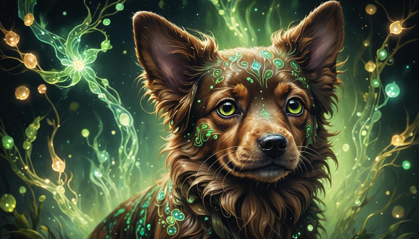 Bioluminescent Fantasy Dog in the Dark: Oil Painting