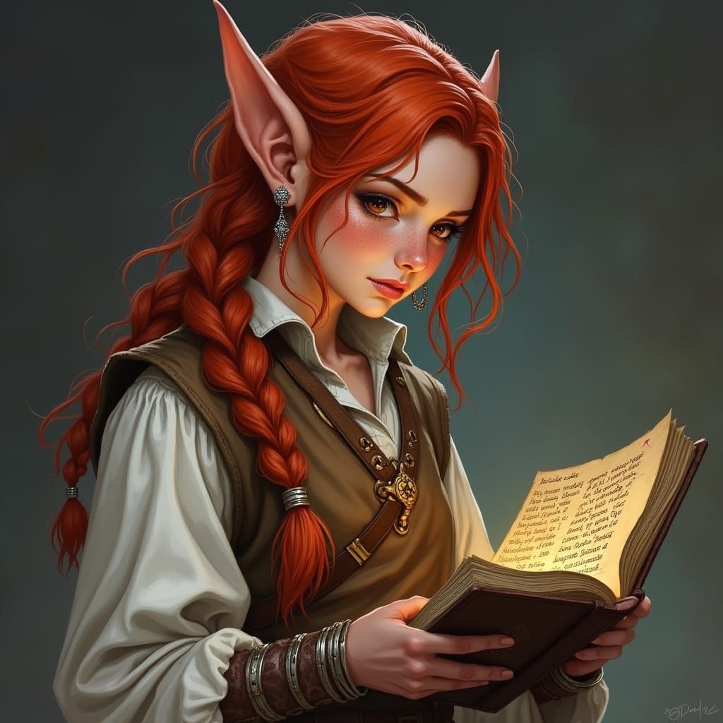 A female rock gnome rogue reading about an ancient treasure D&D