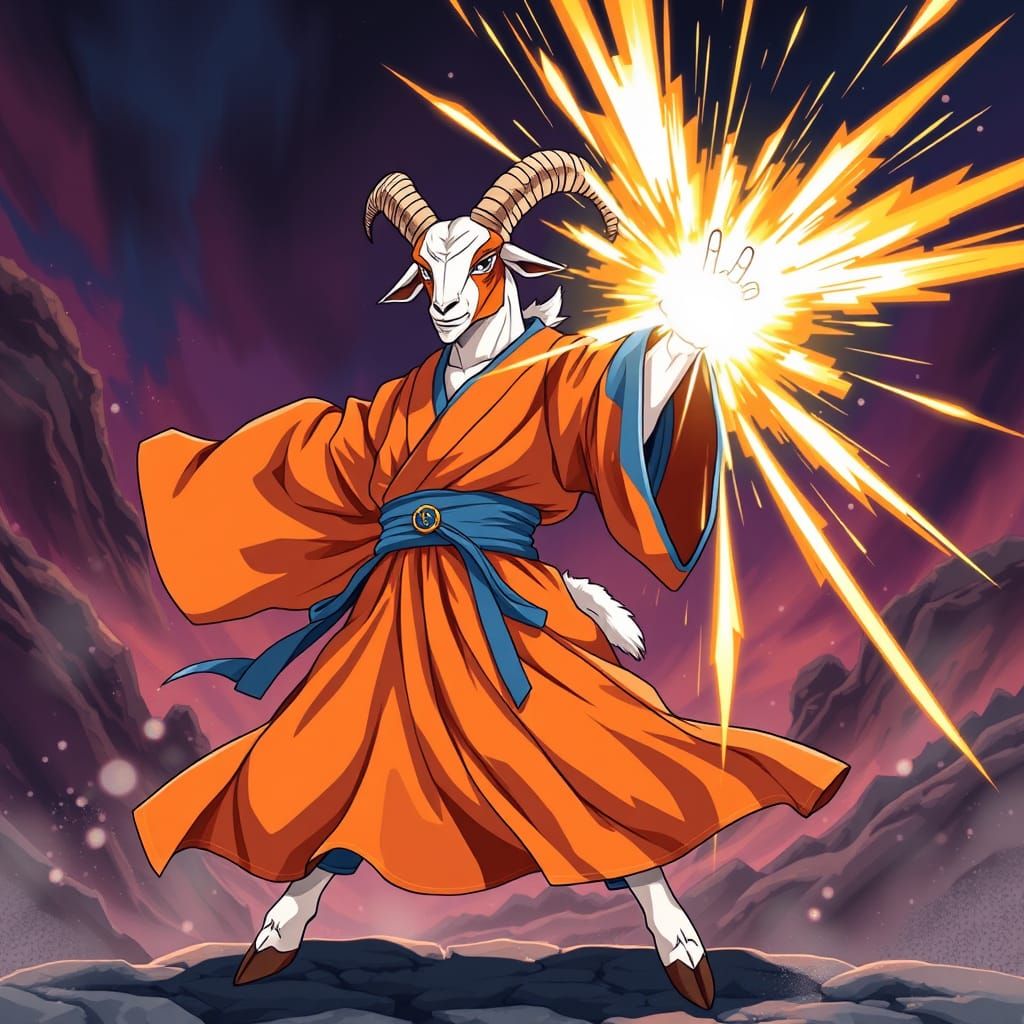 Majestic Goat Hero Unleashes Kamehameha in Vibrant Anime Sty...