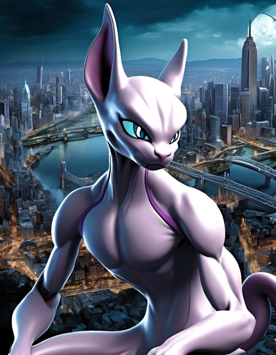 Mewtwo Close-Up in Apocalyptic Cityscape