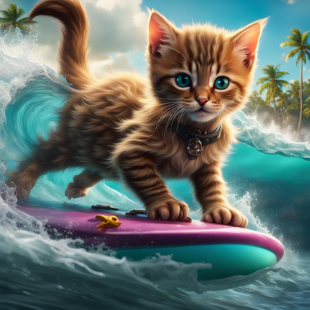 Kitten Surfing in Caribbean Sea: Detailed Digital Art