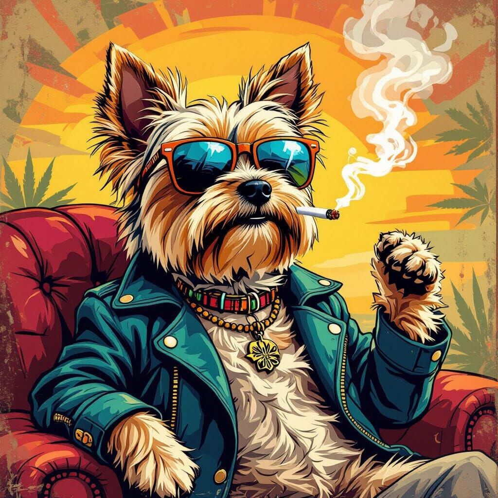 Yorkie Dog Smoking in Vintage Whimsical Style
