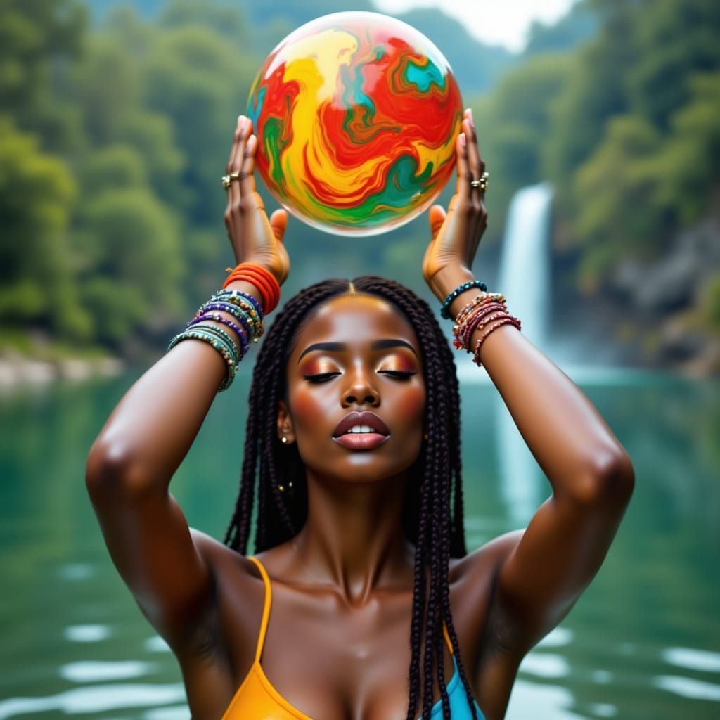 Serene African American Woman in Meditative Pose Against a C...