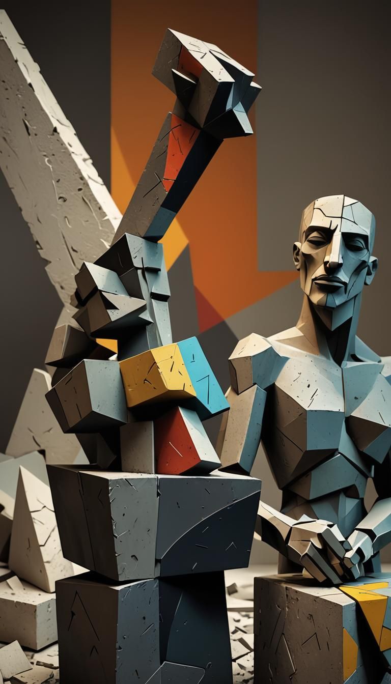 Cubist Figure in Concrete and Digital Shapes