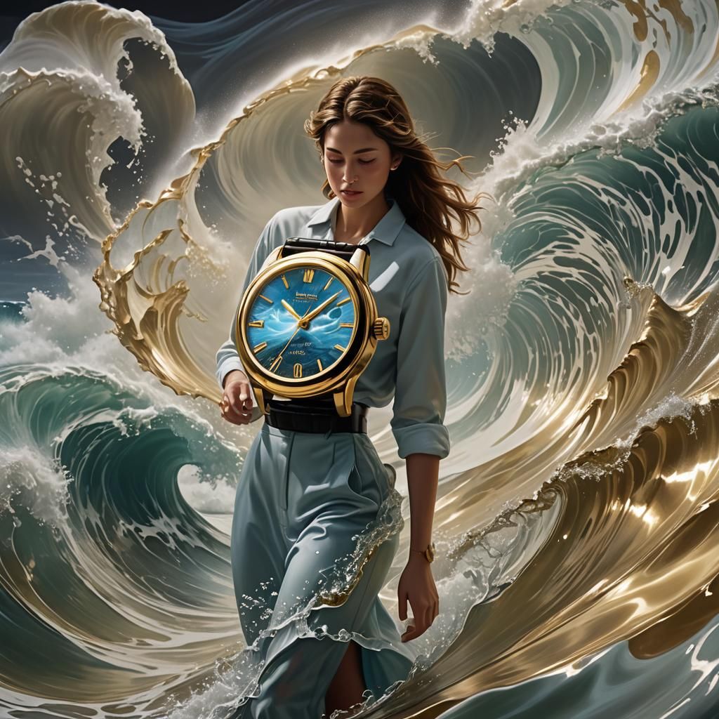 Hyperrealistic 3D Woman Watches Hologram Tidal Wave