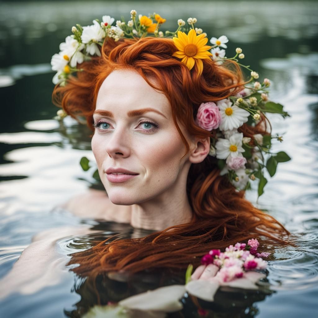 Redhead Woman Lying on Water with Flowers