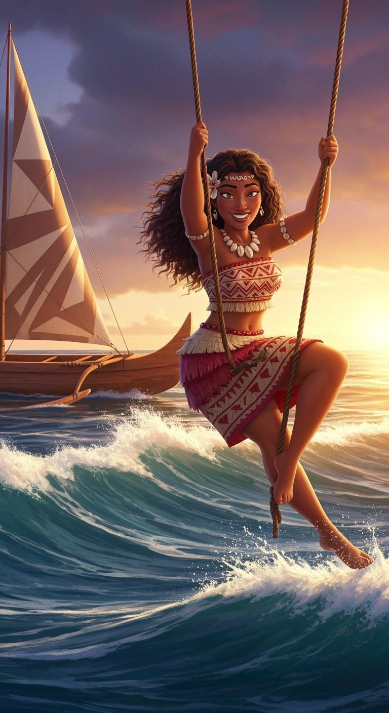 Polynesian Woman Swinging from Canoe at Sunset