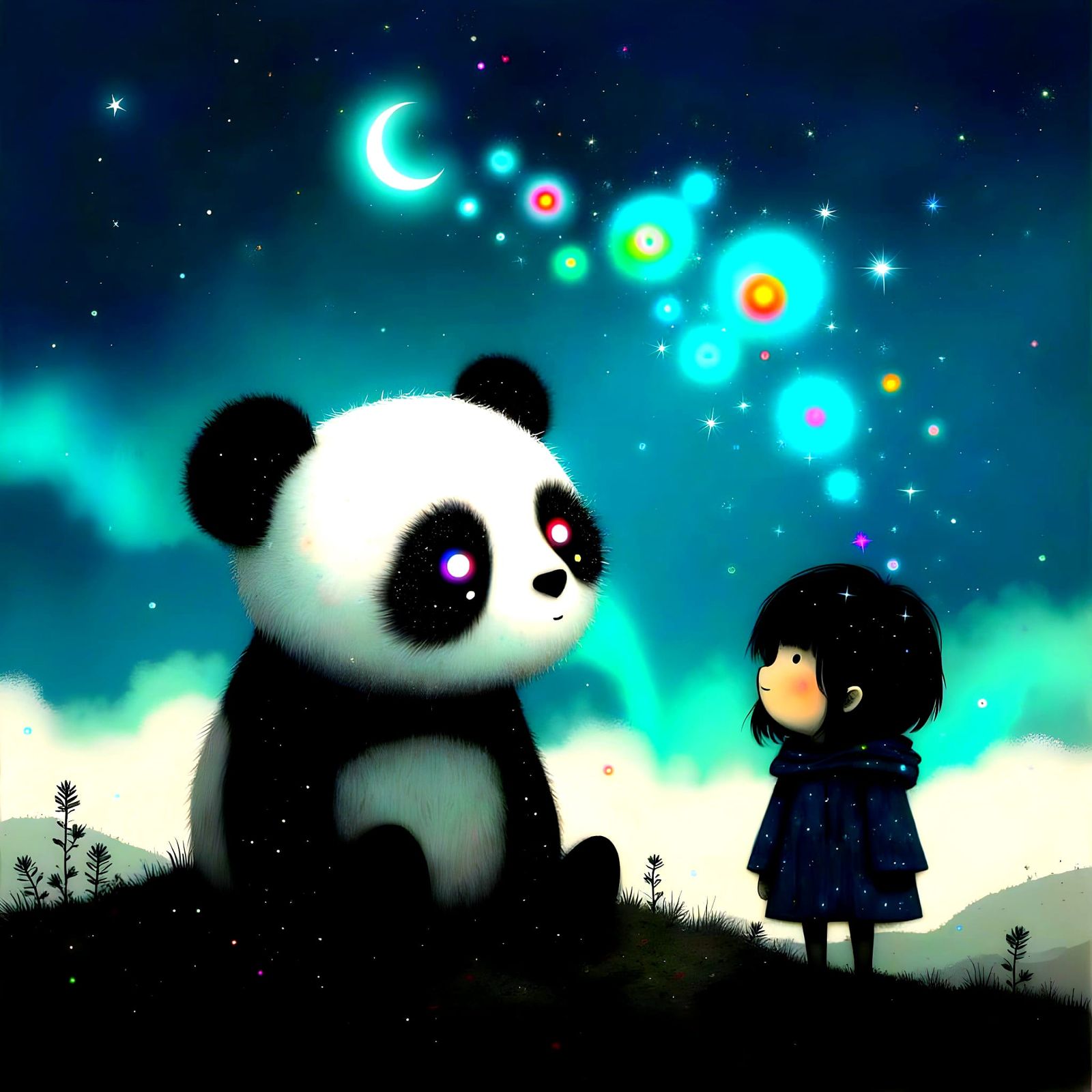 Panda and Girl Under a Shiny Night Sky
