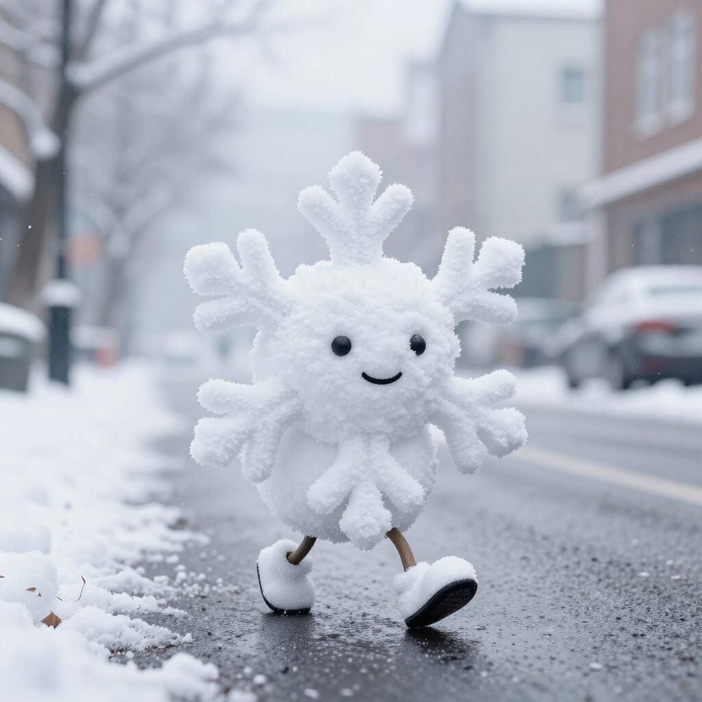 An anthropomorphic snowflake walking through a wintry street