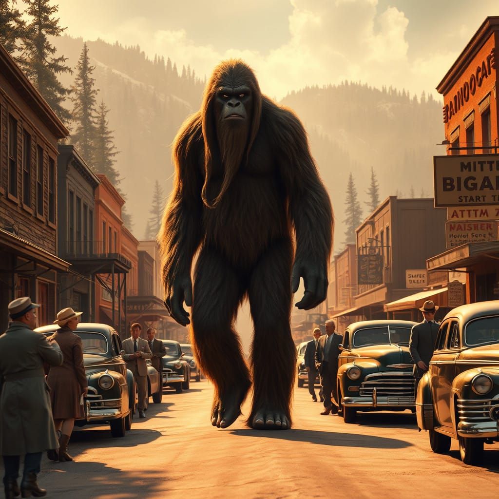 Man-Like Bigfoot Strolls Through Idyllic 1950s Mountain Town