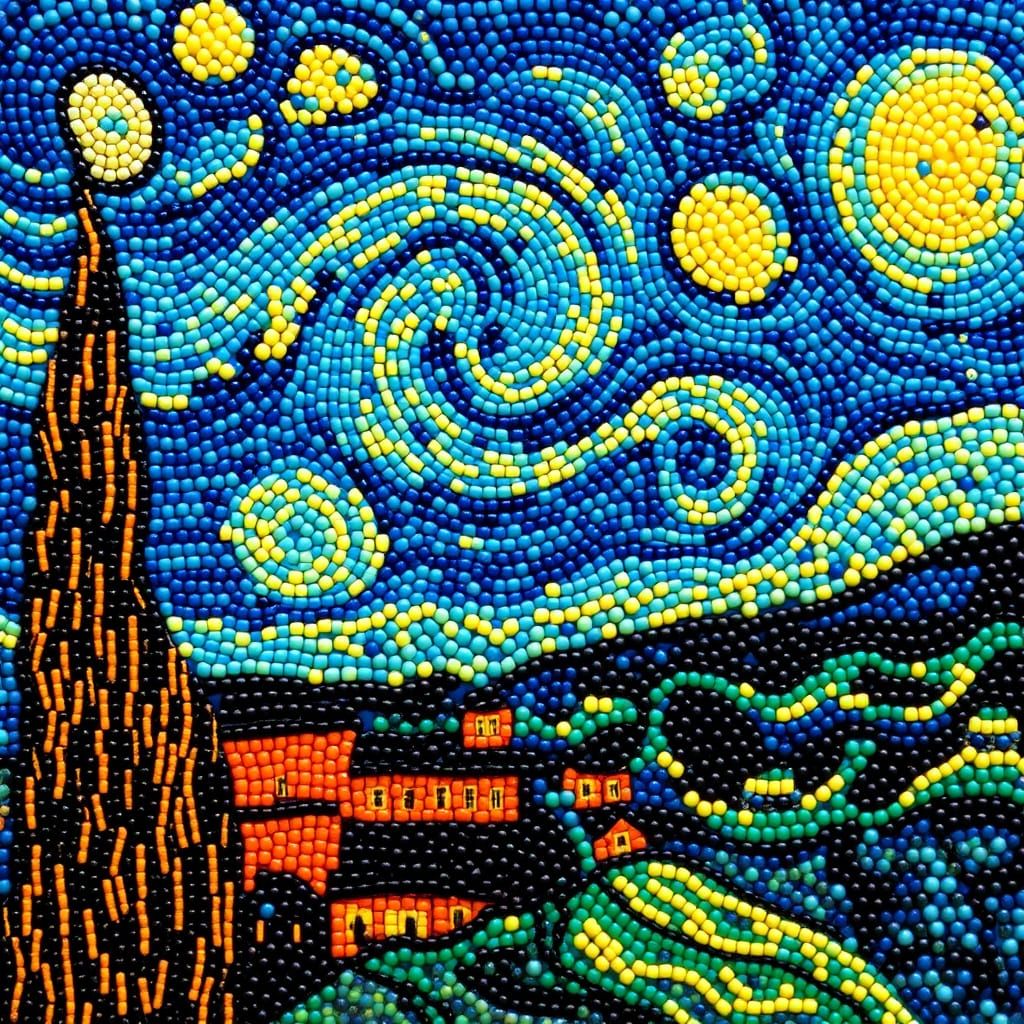 Starry Night Reimagined as a Vibrant Bead Mosaic