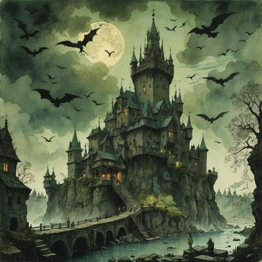 Whimsical Horror Castle in Pencil and Watercolour