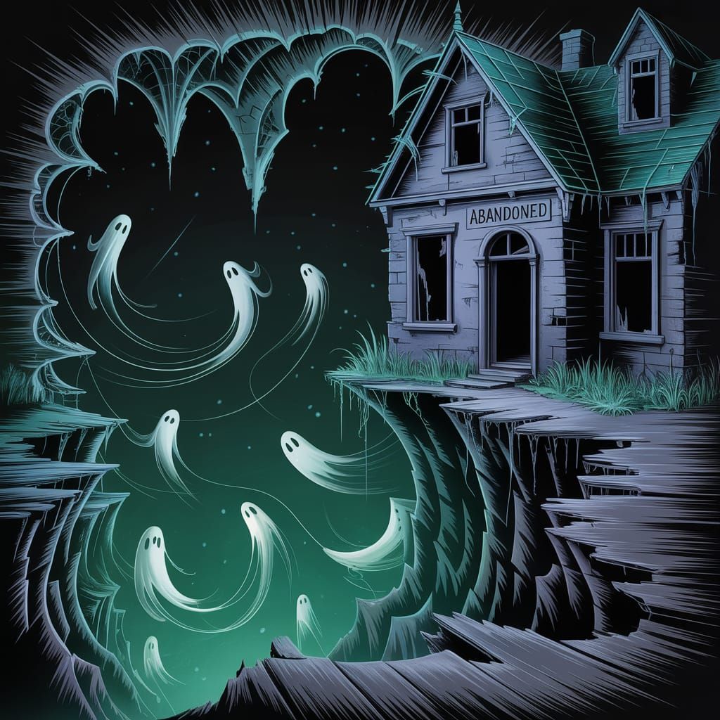 Haunted House Overlooking Chasm with Drifting Ghosts