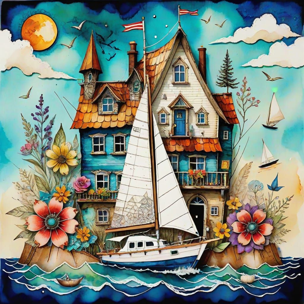 Surreal Sailboat Houseboat in Ultra Detailed Mixed Media Art