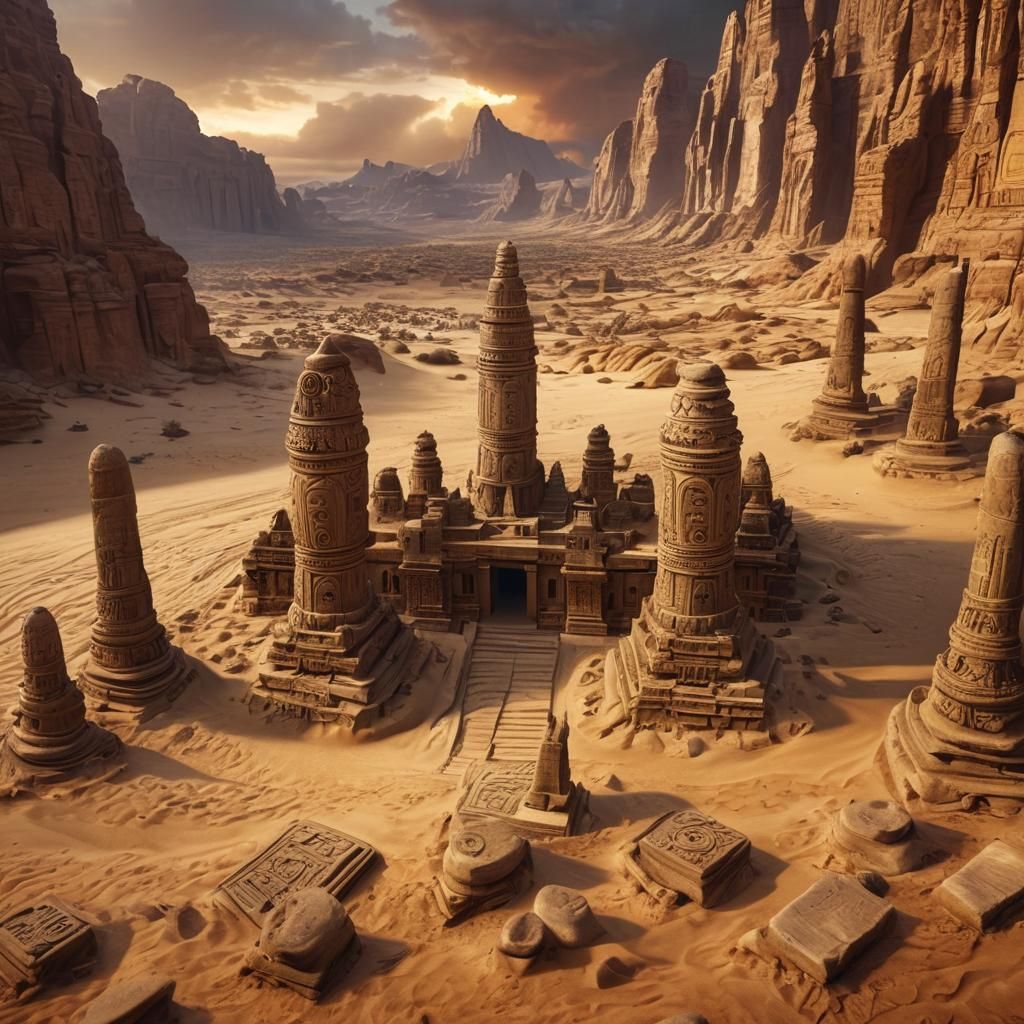 Epic Desert Temple in Vibrant Sunset Glory
